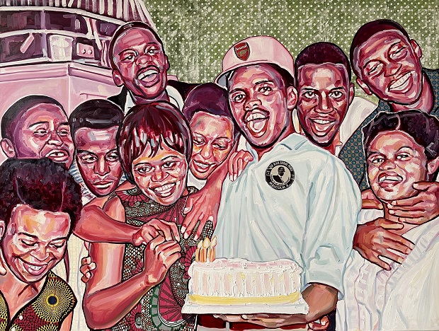 Esiri Erheriene-Essi_The Birthday Party_2021_Oil, ink and Xerox transfer on linen_150 x 200 cm copie
