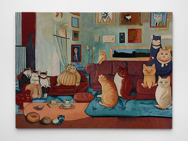 OFFICE IMPART, Jonas Lund, The Fat Cats of The Art World, 2023 Tapestry, 194 x 145 cm, courtesy the artist and OFFICE IMPART, photo Marjorie Brunet Plaza