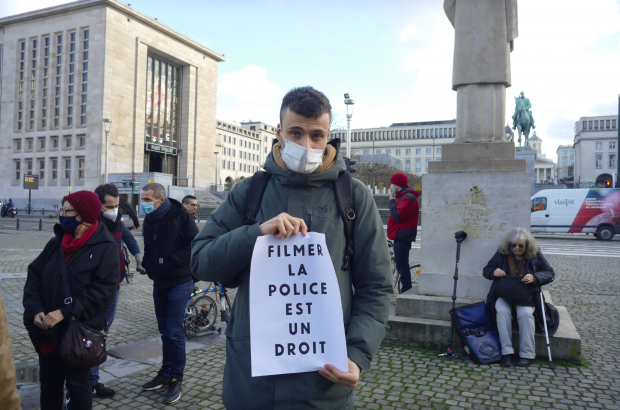 ZIN TV journalist Thomas Michel, pictured during, a protest to support the right to film police action, in Brussels, Thursday 17 December 2020. Mobilization for the freedom to inform and the right to film the police action as part of the end of the trial of the two police officers who erased the images of a film crew in October 2015. (BELGA PHOTO OPHELIE DELAROUZEE)
