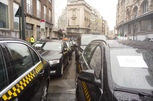 Illustration picture shows a protest of taxi-drivers in the center of Brussels, Thursday 04 March 2021. (BELGA PHOTO OPHELIE DELAROUZEE)