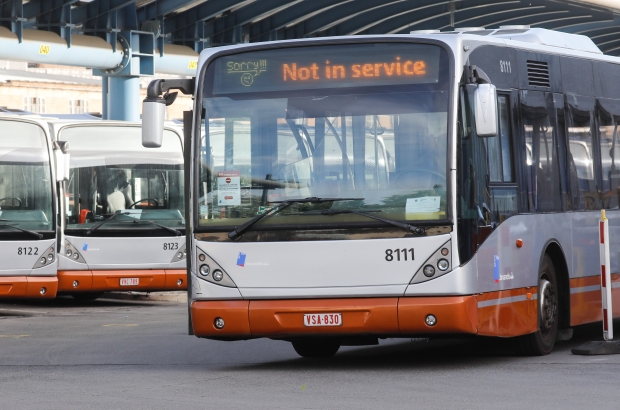 Illustration picture shows unattended buses at the Jacques Brel depot of STIB - MIVB Brussels public transport company during a previous strike. (BELGA PHOTO THIERRY ROGE)