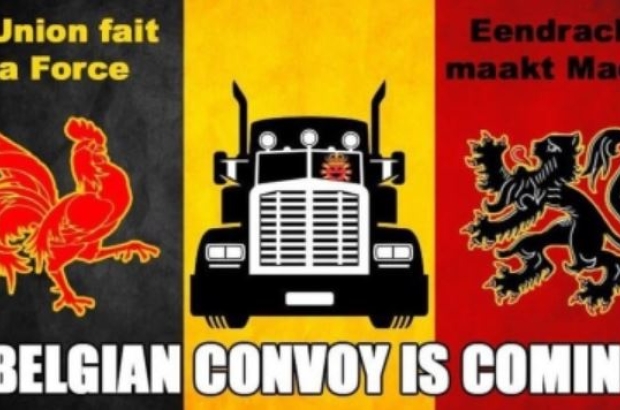 A screenshot from a Twitter account announcing the arrival in Belgium of Freedom Convoy (Twitter)