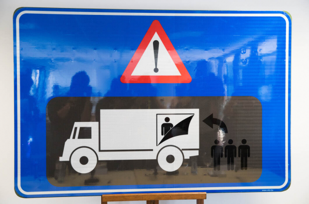 Illustration picture shows a pictograph, at a control action on the field, after the launch of a campaign against human trafficking, Monday 18 July 2016 in Zeebrugge. (BELGA PHOTO KURT DESPLENTER)