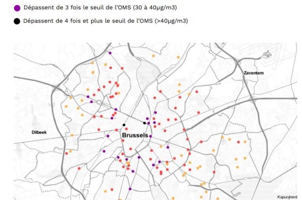 The map of the Brussels region from the report on air quality monitoring (© Les chercheurs d’air)