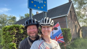 Nurses Andy Dennis and Tracey Hill arrive in Belgium on European charity cycle