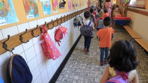 Illustration picture shows kids and their schoolbags in the hall outside their classroom, in a kindergarden school in Etterbeek, Brussels, Tuesday 02 June 2020. (BELGA PHOTO THIERRY ROGE)