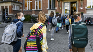 Pupils pictured at the secondary school GO! Technisch Atheneum Horteco, on the first day of school for the 2020-2021 school year, in Vilvoorde, Tuesday 01 September 2020. (BELGA PHOTO DIRK WAEM)