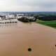 Aerial drone picture shows flooding from the Maas/La Meuse river in Maaseik, Friday 16 July 2021. (BELGA PHOTO ERIC LALMAND)